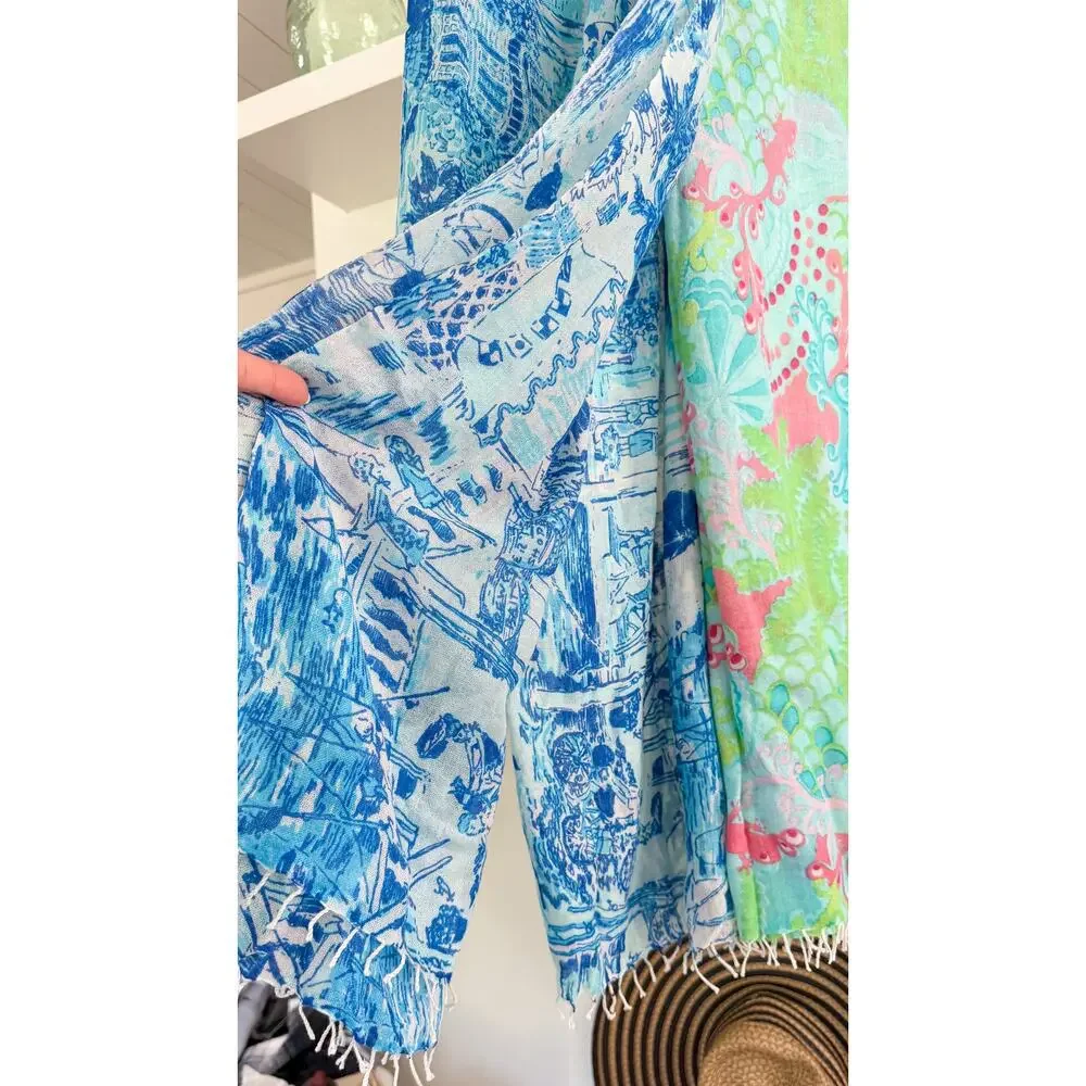 Lilly Pulitzer Silk & Cashmere Blue White Fresh Catch Print Scarf